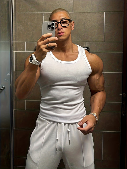 Men's Sleeveless Shirt Gym Vest - Tight-Fit Sleeveless Back for Weightlifting, & Summer Training - Breathable Ribbed Round Neck Athletic Top (Solid Color)
