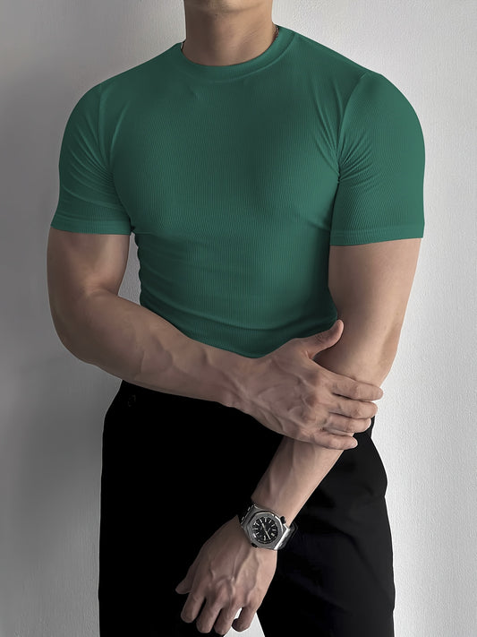 Men's Slim Fit Breathable Ribbed Crew Neck T-Shirt - Short Sleeve, Summer Casual & Sporty Top, Comfortable Stretch Fabric, Solid Color, Machine Washable, Sporty Tshirt | Crew Neck Top | Ribbed Texture