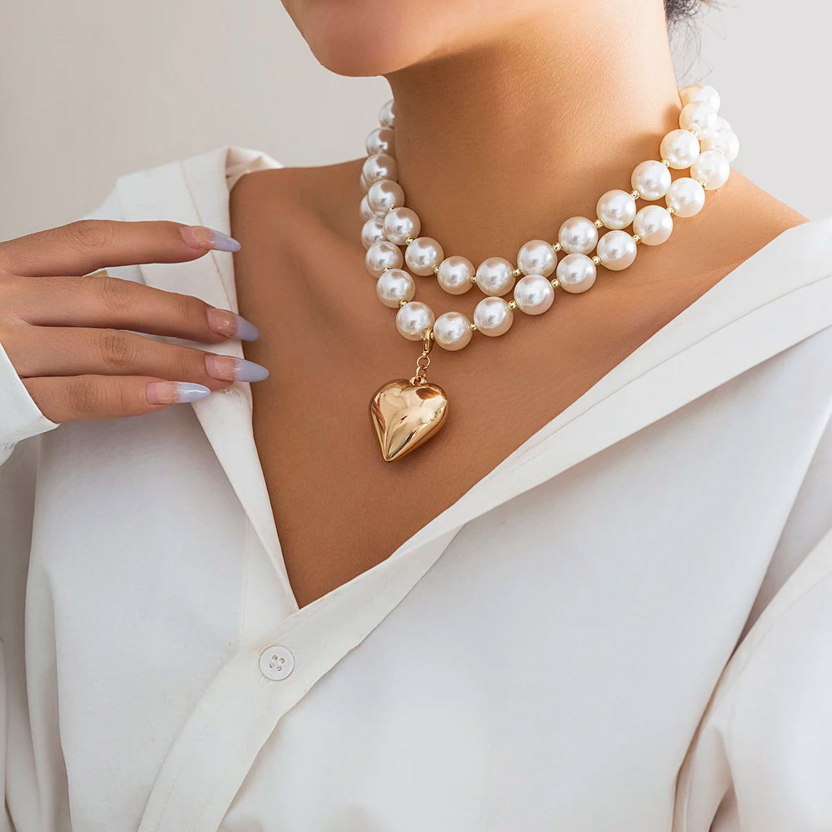 Lacteo Exaggerated Imitation Pearl Beads Necklace for Women Big Heart Pendant Choker Jewelry On The Neck Collar Party Girls