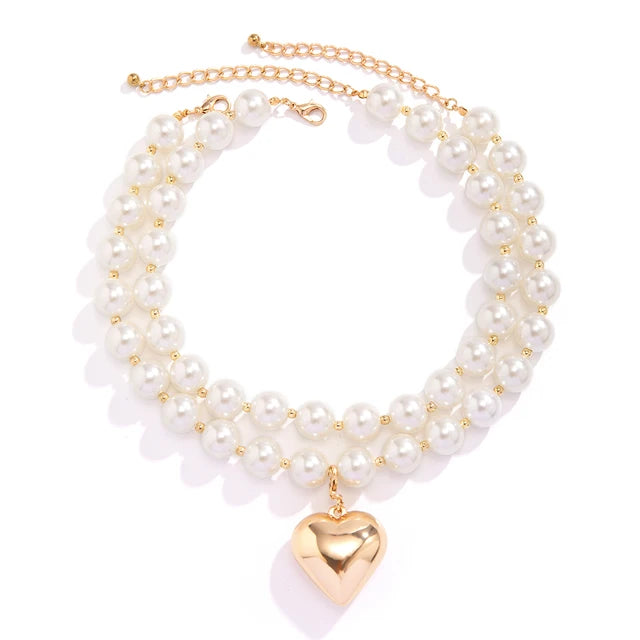 Lacteo Exaggerated Imitation Pearl Beads Necklace for Women Big Heart Pendant Choker Jewelry On The Neck Collar Party Girls