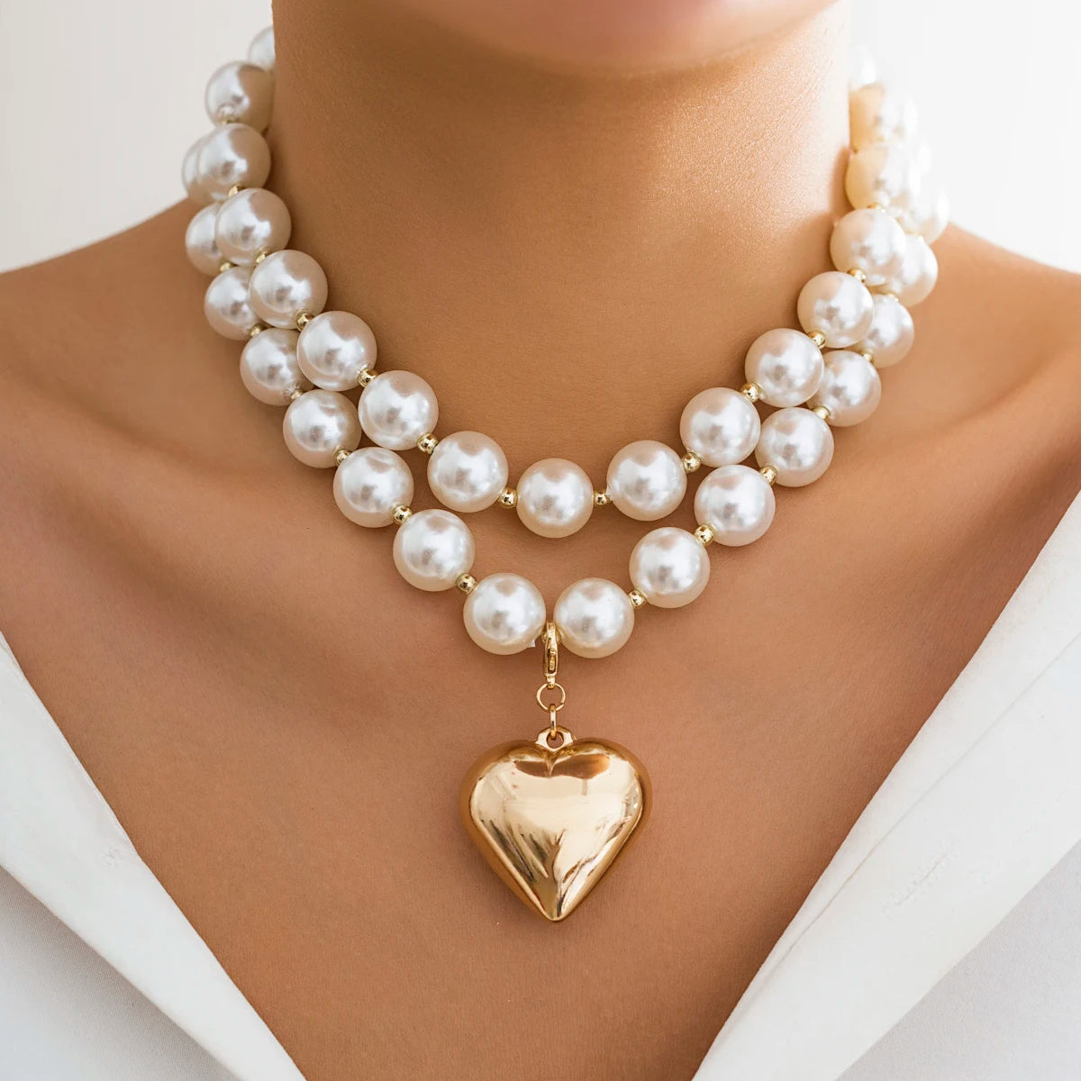 Lacteo Exaggerated Imitation Pearl Beads Necklace for Women Big Heart Pendant Choker Jewelry On The Neck Collar Party Girls
