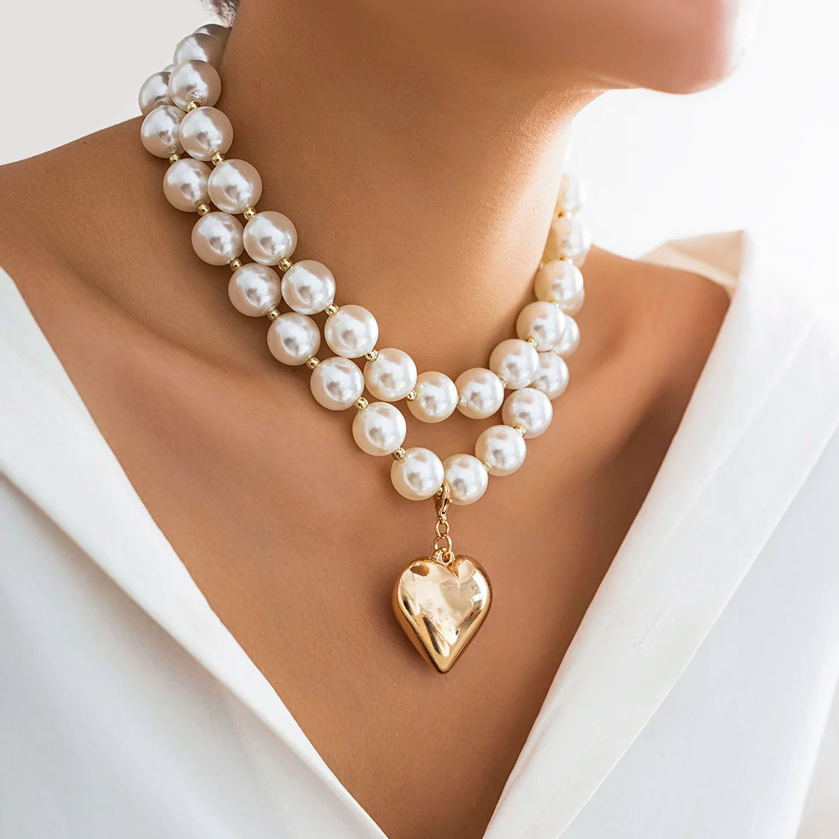 Lacteo Exaggerated Imitation Pearl Beads Necklace for Women Big Heart Pendant Choker Jewelry On The Neck Collar Party Girls