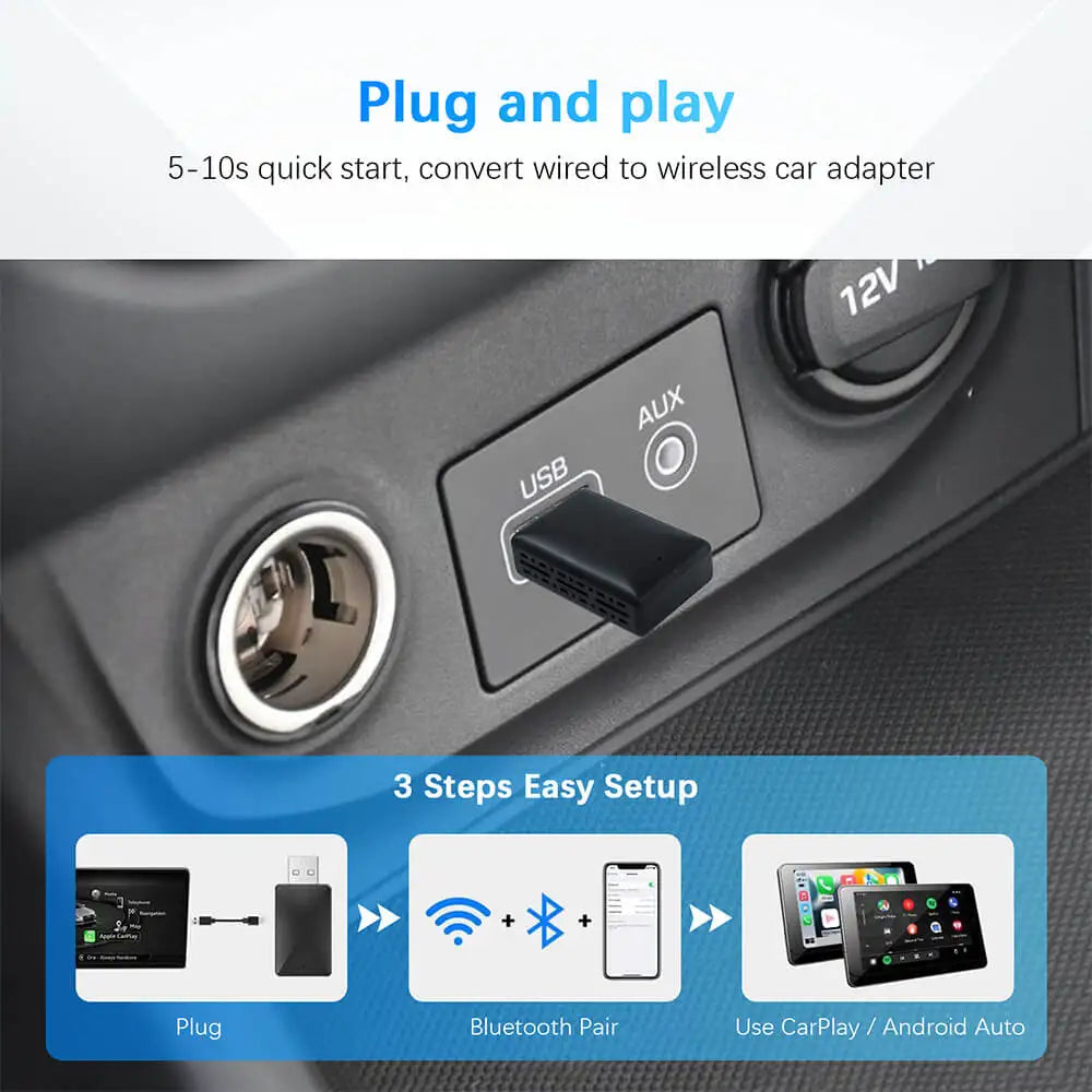 Wireless CarPlay Android Auto Adapter for OEM Car Stereo With USB Plug and Play
