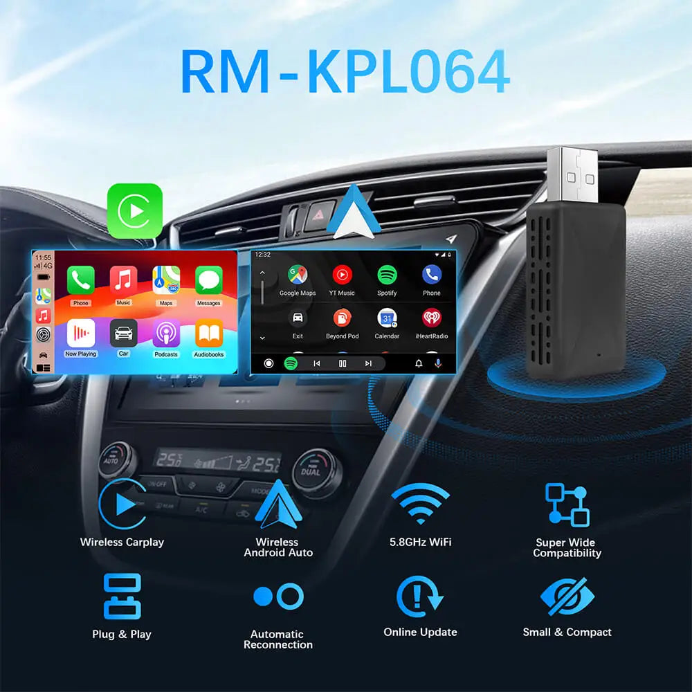 Wireless CarPlay Android Auto Adapter for OEM Car Stereo With USB Plug and Play