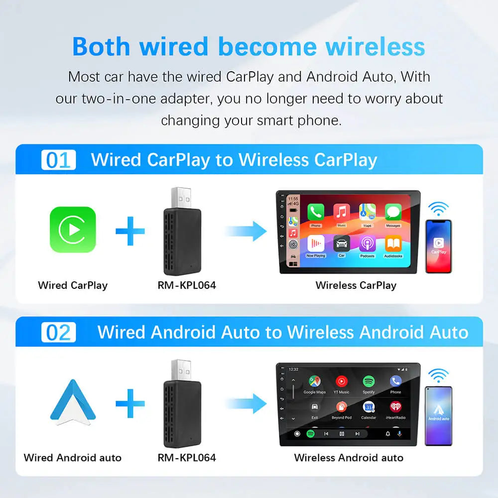 Wireless CarPlay Android Auto Adapter for OEM Car Stereo With USB Plug and Play