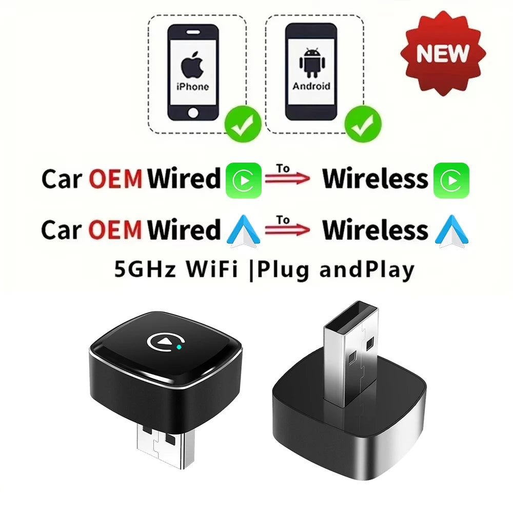 Wireless CarPlay Android Auto Adapter for OEM Car Stereo With USB Plug and Play