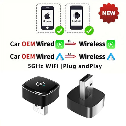 Wireless CarPlay Android Auto Adapter for OEM Car Stereo With USB Plug and Play