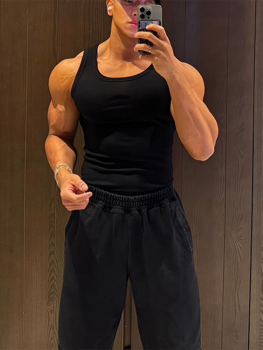 Men's Sleeveless Shirt Gym Vest - Tight-Fit Sleeveless Back for Weightlifting, & Summer Training - Breathable Ribbed Round Neck Athletic Top (Solid Color)